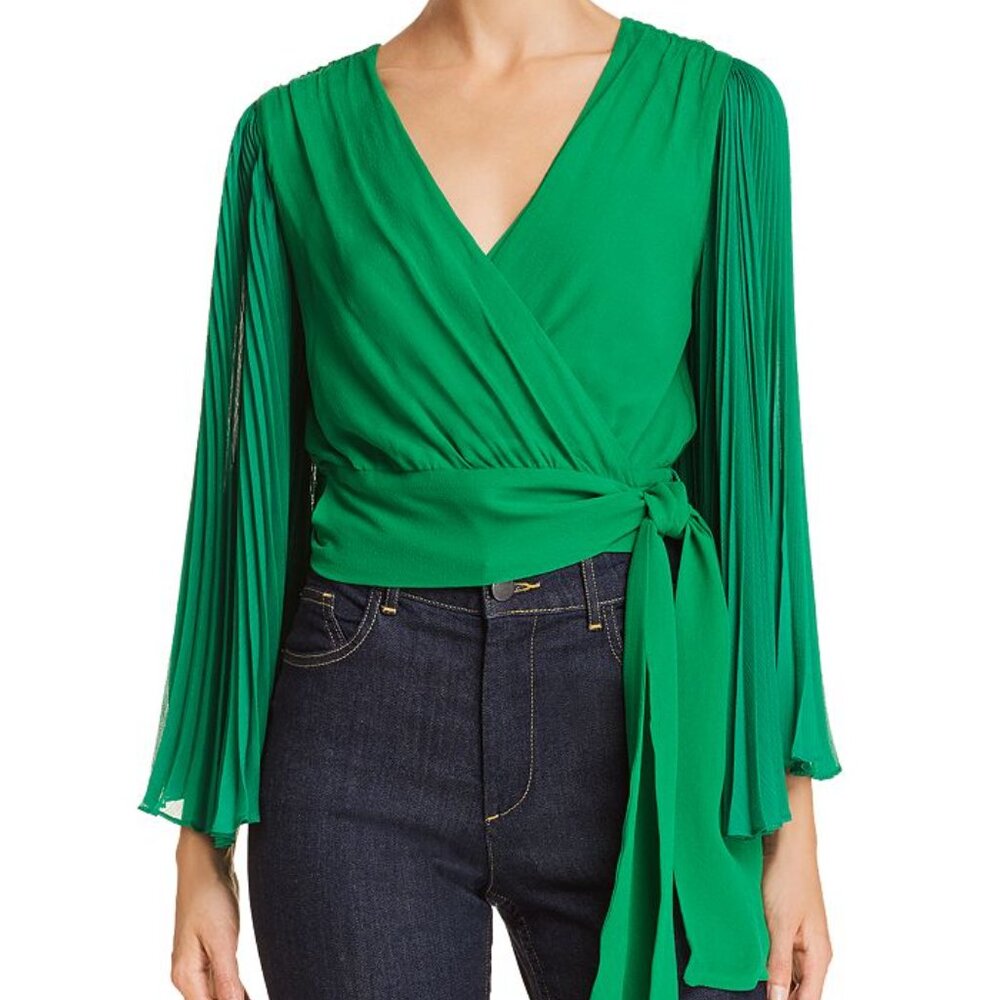 Alice & Olivia - Green Pleated Bell Sleeve Wrap Cropped Blouse Size Small